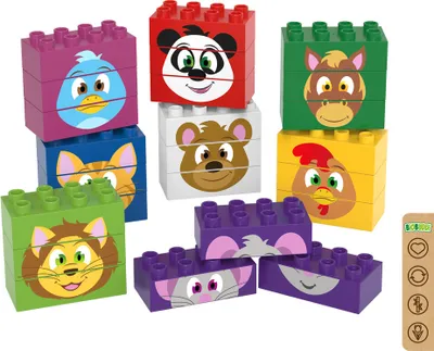 Produktbild von Lernspielzeug Bausteine aus Zuckerrohr mit Zähl-Funktion für Kinder 1,5-3 Jahre, 27 Blöcke mit 9 Tieren & 9 Lebensmitteln, Modell BB-0254