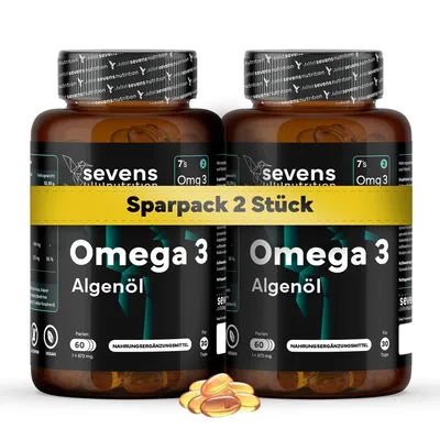 Produktbild von Pack 2x Omega 3 Vegan aus Algenöl Premium - 120 Perlen - Hochdosiert mit 1000 mg DHA + Vitamin E - Omega-3 Mikroalgenöl für Cholesterin, Gehirn, Sehkraft und Herz - Ohne Unnötige Zusätze - Labor