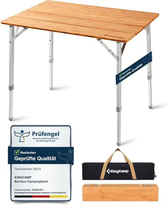 Imagen del producto de Mesa plegable de bambú para camping, Silecomplaza, con altura ajustable: 45/52/65 cm, capacidad de hasta 80 kg