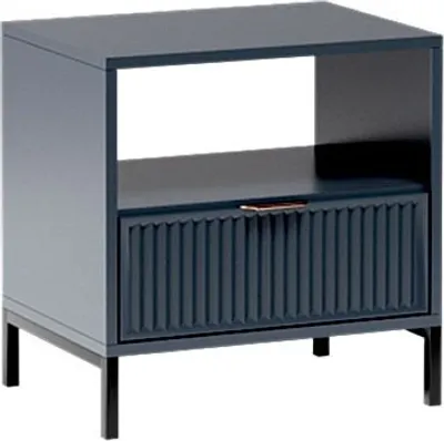 A dark blue nightstand with a drawer and an open shelf, shown against a white background.