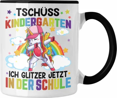 Produktbild von Trendation - Tschüss Kinderkarten Ich Glitzer In Der Grundschule Tasse Geschenk zur Einschulung Erster Schultag (Schwarz)