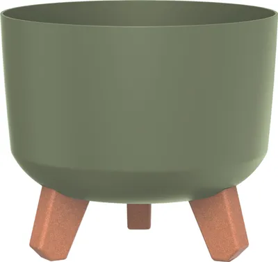 A green planter pot with three brown legs, shown on a white background.