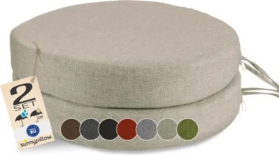 Produktbild von sunnypillow 2er Set Stuhlkissen Rund Ø 40 cm wasserdicht UV-lichtecht, 7cm dick - Outdoor Polsterauflage mit Bändern - Auflage für Stühle,Bänke - Sitzkissen Stuhlauflage für Haus, Garten - Cremefarben
