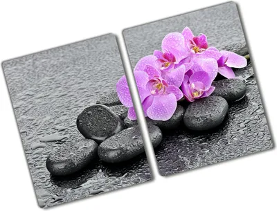 Produktbild von Tulup Glas Herdabdeckplatte - 2x40x52 cm - Glaskeramikkochfeld-Abdeckung Spritzschutz Glasabdeckplatte Kochplattenabdeckung und Schneidebrett - Zweiteilig - Blumen & Pflanzen - Orchideen Steine - Rosa