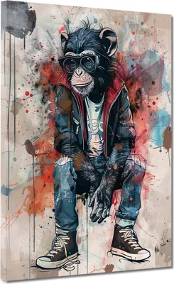 Produktbild von Affe mit Sonnenbrille Street Art Leinwandbild Wandbild Kunstdruck XL Wanddeko: 75x100x4cm