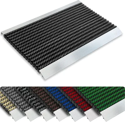 A black and silver doormat is shown at an angle, with a row of different colored doormats below.