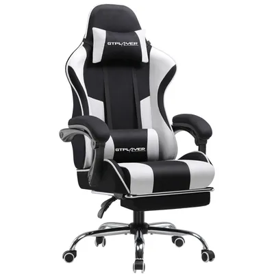 Zdjęcie produktu dla GTPLAYER fotel biurowy fotel do gier fotel do gier z tkaniny Ergonomiczny fotel do gier z podnóżkiem, zagłówkiem i poduszką lędźwiową, tapicerowany fotel do gier, biały