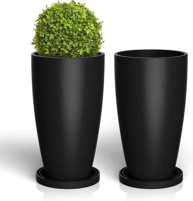 Produktbild von Plastische runde Pflanzgefäße für Innen- und Außenpflanzen - Große Pflanzgefäße mit Drainageschlitzen - Runde Pflanzgefäße aus Kunststoff für Terrasse, Balkon und Garten (Schwarz, Set aus 2)