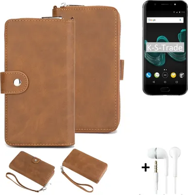 Produktbild von K-S-Trade Handy Schutz Hülle kompatibel mit Wiko WIM + Kopfhörer Portemonnee Tasche Wallet-Case Bookstyle-Etui braun (1x)