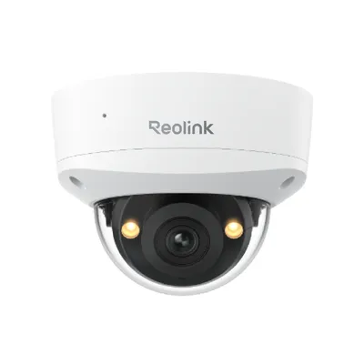 A white dome security camera with a black lens and two illuminated IR LEDs.