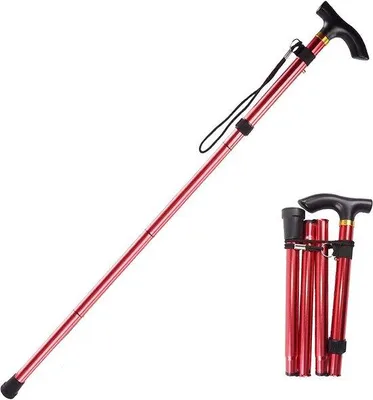 Produktbild von Unyqoos® Teleskop-Wanderstock, faltbar – Aluminiumlegierung, ultraleicht 235 g, ergonomischer T‑Griff, höhenverstellbar 85–95 cm (5 Stufen), rutschfeste Gummispitze, rot, 1 St.