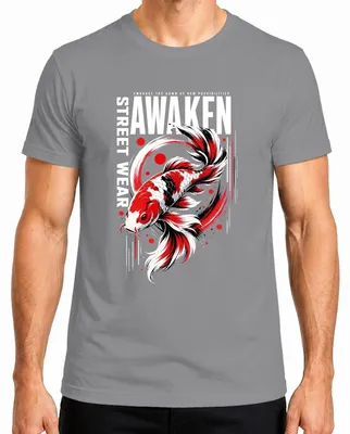 Imagen del producto de Camiseta para hombre con diseño de peces koi (Nishikigoi), estilo streetwear japonés, inspiración asiática y estética Y2K, con motivo de carpas, color gris, talla L
