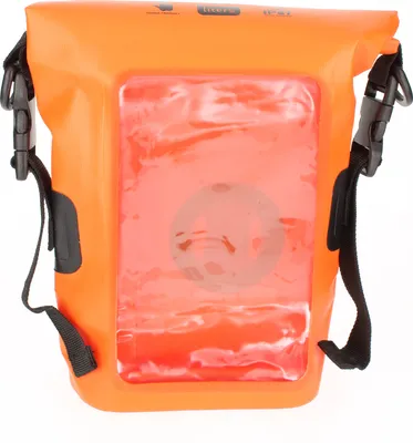 An orange waterproof bag with a clear window.