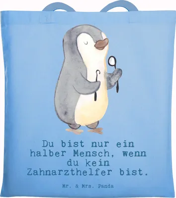 Produktbild von Mr. & Mrs. Panda Tote Bag Zahnarzthelfer Herz - Sky Blue - Geschenk, Laptoptasche, Tasche, Jutebeutel, Schultasche, Uni