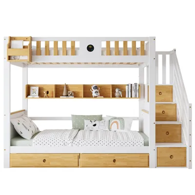 Produktbild von MODFU Etagenbett Kinderbett 90x200cm mit Treppe, Tafel, Regale und Regalkaste, Hochbett Hausbett mit Fallschutzgitter und 2 Schubladen, Massivholzbett Stockbett mit 4 Schließfächer in der Treppe, Jugendbett Bettgestell, Natur+Weiß