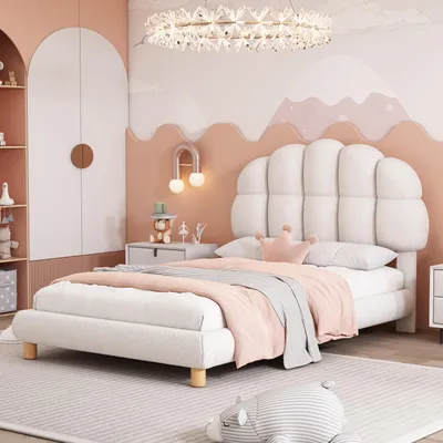 Immagine prodotto di Letto singolo bianco 90x200 cm con rete a doghe in legno e rivestimento effetto lana, design confortevole e moderno