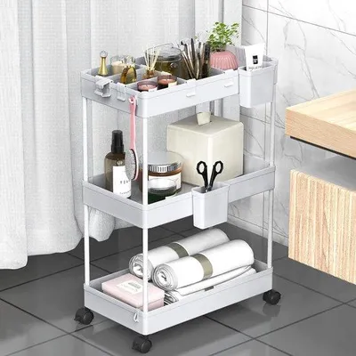 Produktbild von Rollwagen 3 Ebenen, Küchenwagen, Edelstahl, 4 Haken, 2 Behälter