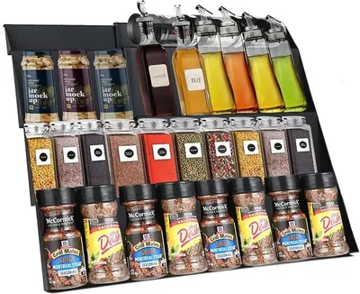 Produktbild von PolkaHome® Gewürzregal Schublade 4-stufig, ausziehbar 30-60 cm, Gewürzorganizer für Küchenschubladen, Schwarz Matt, Kunststoff