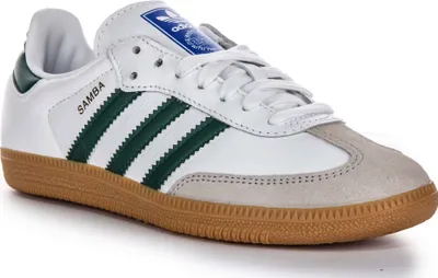 Produktbild von Adidas Samba OG 3 Stripes Retro Contrast 70s Herren Ledersneaker in Weiß Grün – 4 UK - 36 2/3 EU - 4.5 US / White Green