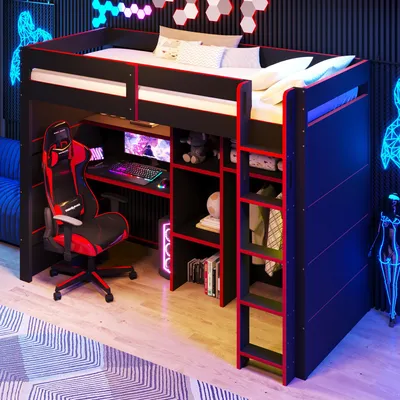 Produktbild von okwish Gaming-Hochbett 90×200 mit Schreibtisch,LED,Funktionsbett mit Kleiderschrank und USB,Jugendbett Schwarz,ohne Matratze
