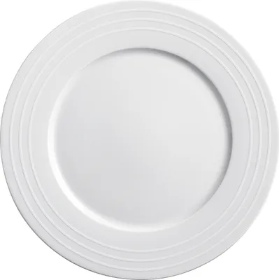 A top-down view of a white dinner plate with concentric rings on the rim.