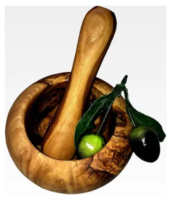 Produktbild von Mörser und Stößel Set aus massivem Olivenholz, 10 cm, einzigartige Maserung, handgefertigt