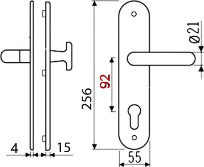 Technical drawing of a door handle with dimensions.