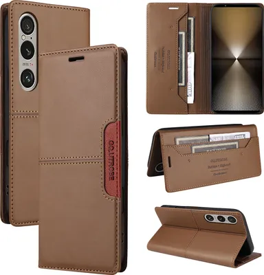 Collage of a brown leather flip wallet phone case for a Sony Xperia 1 VI, showing different angles and features.