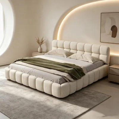 Produktbild von INONEFT Bubble Bett Polsterbett 140x200cm, Doppelbett mit gepolstertem Kopfteil, Jugendbett mit Lattenrost und Rückenlehne, Flachbett, Leinen, Beige