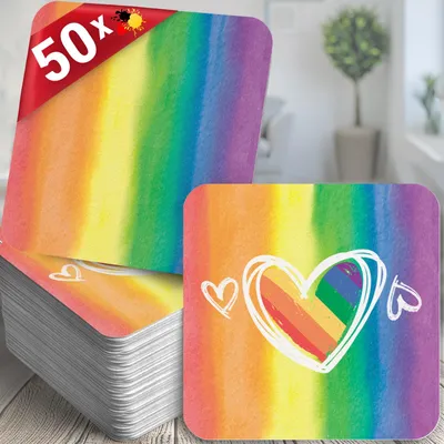 50 Bierdeckel mit Regenbogen-Motiv aus Bierfilzpapier, eckig ca. 9,2 x 9,2 cm