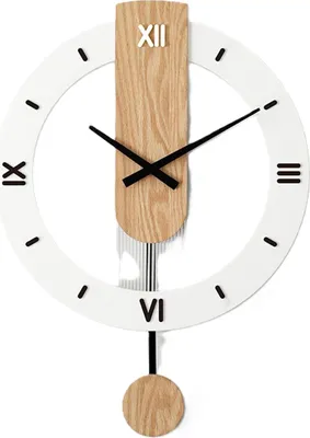 A modern pendulum clock with Roman numerals and a wooden accent.
