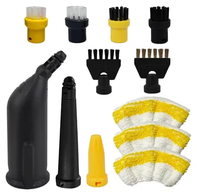 A collection of cleaning attachments for a steam cleaner.
