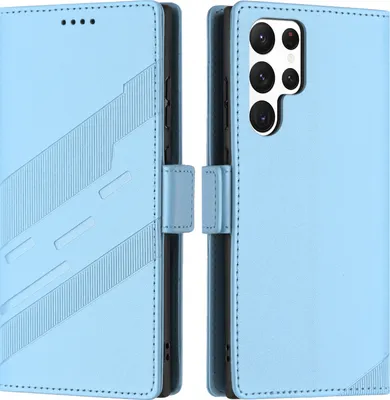 Produktbild von Hülle für Samsung Galaxy S22 Ultra 5G, Kunstleder Brieftaschen Handyhülle mit Kartenfach und Standfunktion Hellblau