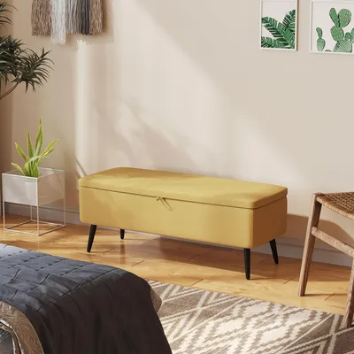 Produktbild von Sitzbank mit Stauraum Leinenoptik, Polsterbank Sitztruhe Stahl, Gelb | 101 x 38,5 x 44,5 cm | bis 150 kg | Polyesterbezug rutschfest