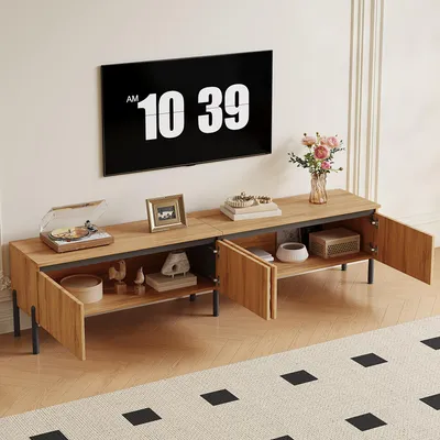 Immagine prodotto di Mobile TV moderno con passacavi, pensile TV con ampio spazio di stoccaggio, design a quattro ante, stile naturale
