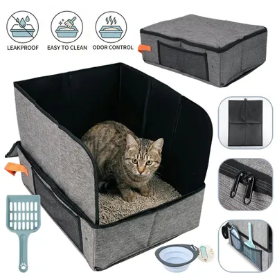 Image de Litière pliable pour chat - Modèle de voyage portable - Étanche - Tissu Oxford - Fermeture éclair - Pour petits chats - Poignée de transport