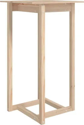 A wooden bar table frame against a white background.