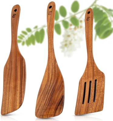 Immagine prodotto di ECENCE Set di spatole in legno di acacia - Set di utensili da cucina da 3 pezzi - Spatola in legno resistente al calore