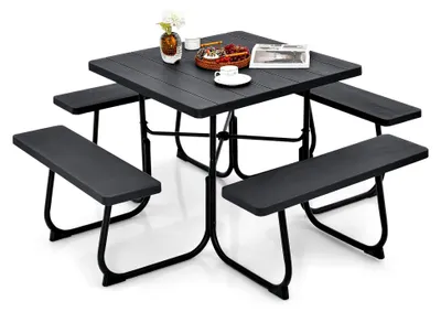Produktbild von Gartenmöbel Picknicktisch Set für 8 Personen, Gartentisch mit 4 Bänken, Biertisch mit Schirmloch, wetterfeste Garten Sitzgruppe aus HDPE (Schwarz)