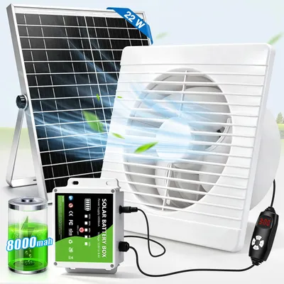 Produktbild von 8000mAh Solarpanel Solar Ventilator 22W Abluftventilator mit Timer Akkuanzeige Einstellbare Lüftungsstufen 500 m³/h 36dB für Hühnerstall Gewächshäuser