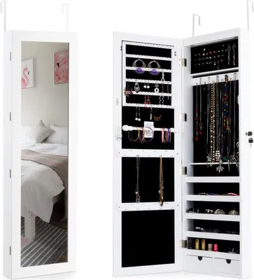 Produktbild von Schmuckschrank mit 15 LED, Schmuckregal Schmuckkommode mit Ganzkoerperspiegel, 5 Faecher&2 Schubladen, abschliessbarer Spiegelschrank Wandschrank für Schmuck, an der Tür haengend, weiss