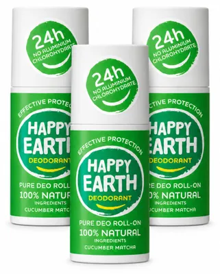 Produktbild von 3 x Happy Earth Deodorant Roll-On Cucumber Matcha - 100% Natürlich - 75 ml - Vorteilspackung - 3 Stücke