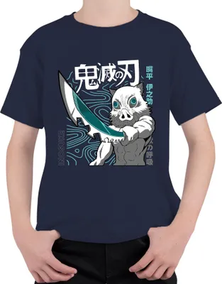 Productafbeelding van Inosuke Demonenjager Anime, varkensmasker, zwaard, manga, fanartikel, uni kinder T-shirt, marineblauw, maat 140