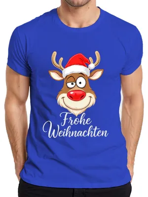 Produktbild von Frohe Weihnachten Rentier Rudolph Weihnachtsmütze Lustig Cartoon Herren T-Shirt, Blau, S
