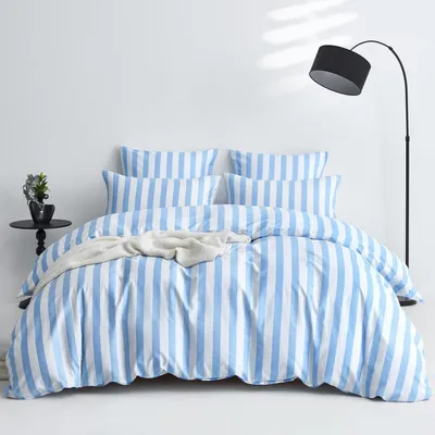 Obrázok produktu pre Sada posteľnej bielizne 155x220 cm, modrá a biela, prúžkovaná, bavlnená, 3-dielna, so zipsom