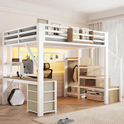 Produktbild von STILVORA Hochbett 140x200cm mit Schreibtisch, Metallbett mit 3 Schubladen und Staufächern, Multifunktionsbett mit Kleiderschrank und LED-Beleuchtung, Weiß