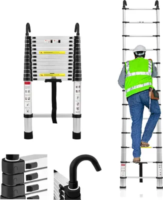 Produktbild von Sessamen-LP 3,8M hliníkový teleskopický rebrík s odnímateľným hákom Skladací rebrík Výsuvný rebrík Viacúčelový rebrík Rebrík Jednoduchý rebrík Hliníkový rebrík (3,8M)
