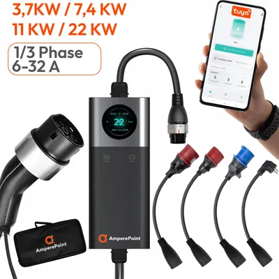 Produktbild von EV Ladekabel AMPEREPOINT Typ 2 32A 22kW 7,5M Portable Mobile Wallbox Q-Serie + Adapter für Schuko, CEE16A und CEE32A