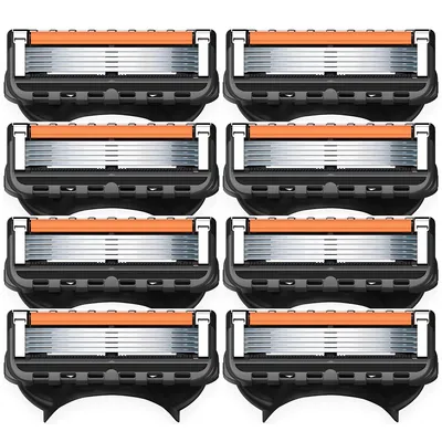 A set of eight razor blade refills arranged in two columns of four.