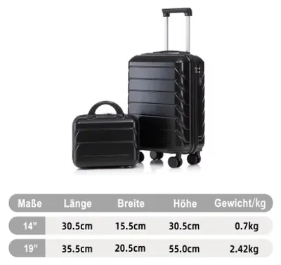 Productafbeelding van Kofferset - 2-delig - 55 cm spinnerkoffer en 36 cm toilettas - ABS-kunststof - Combinatieslot - Zwart